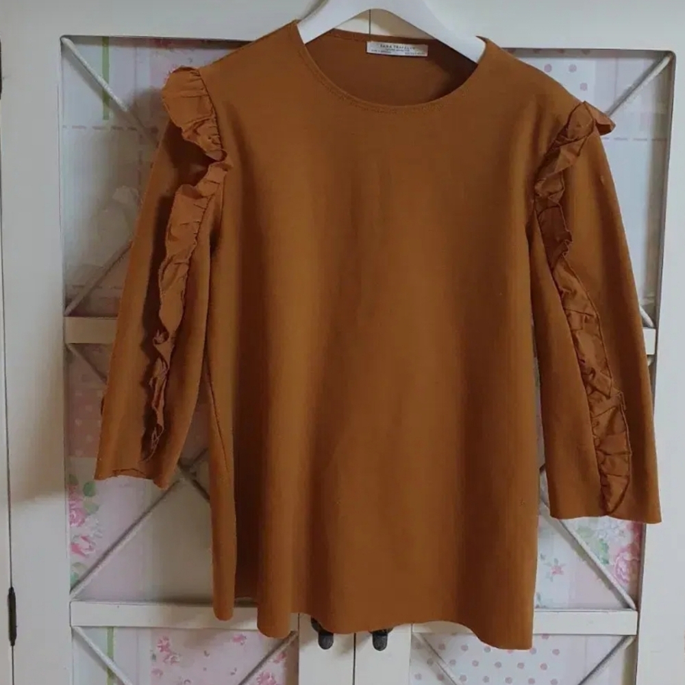 Zara Trafaluc Yellow-Mustard Blouse 3/4 Sleeve Ruffle Cotton Top Autumn S